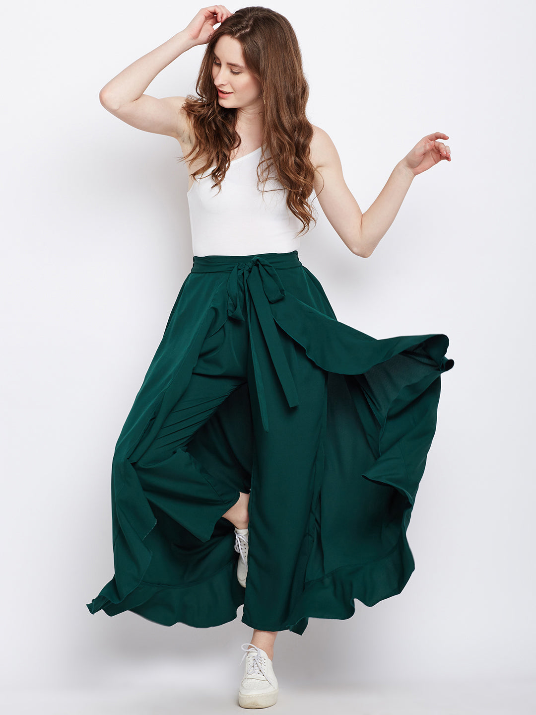 Green Solid Ruffled Wrap Maxi Skirt with Attached Palazzo - Berrylush
