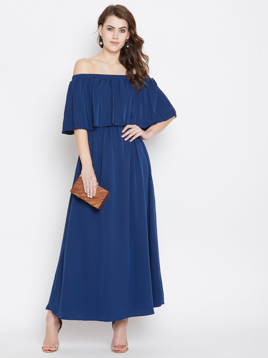 Blue Solid Off-Shoulder Layered Maxi Dress - Berrylush