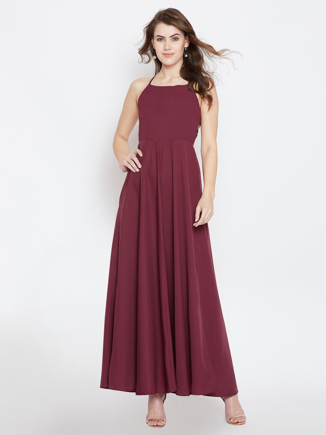 Maroon Solid Maxi Dress - Berrylush