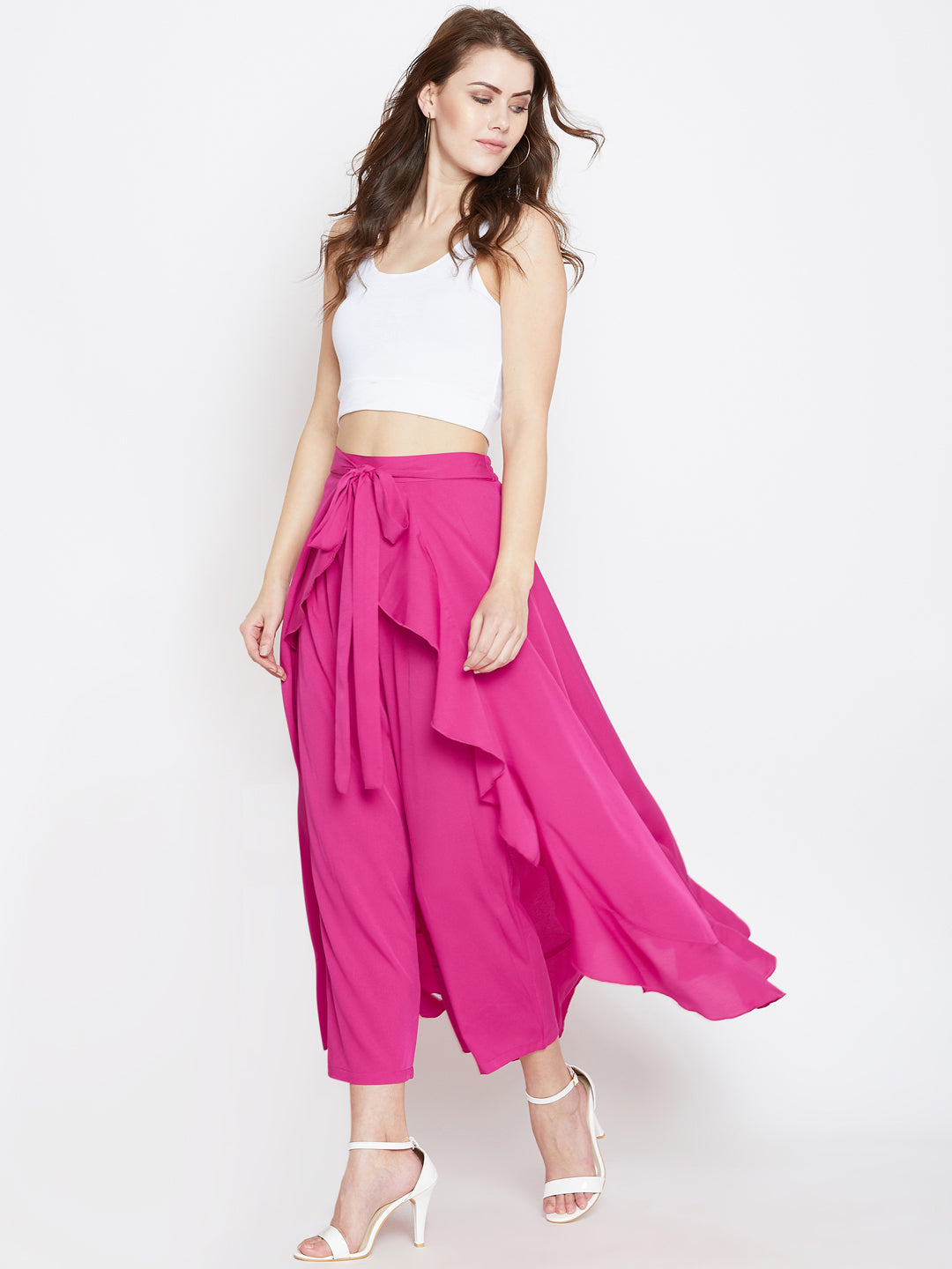 Pink Solid Ruffled Wrap Maxi Skirt with Attached Palazzo - Berrylush