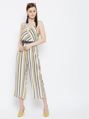 Women's Yellow & White Stripes Jumpsuit - Sleeveless - Deep V-Neck –  Fluffalump