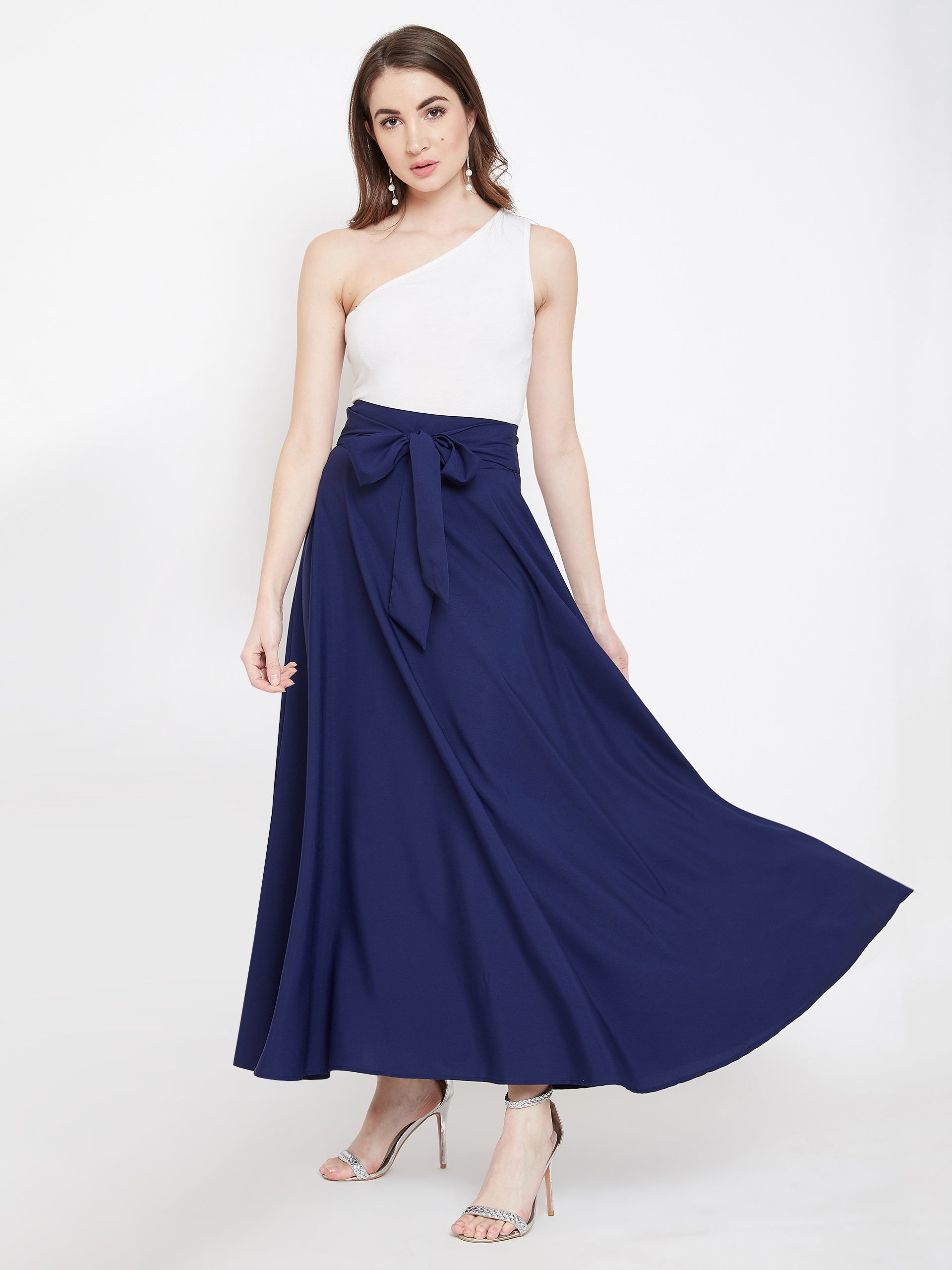 Berrylush Women Solid Navy Blue Bow-Tie High-Waist Flared Maxi Skirt