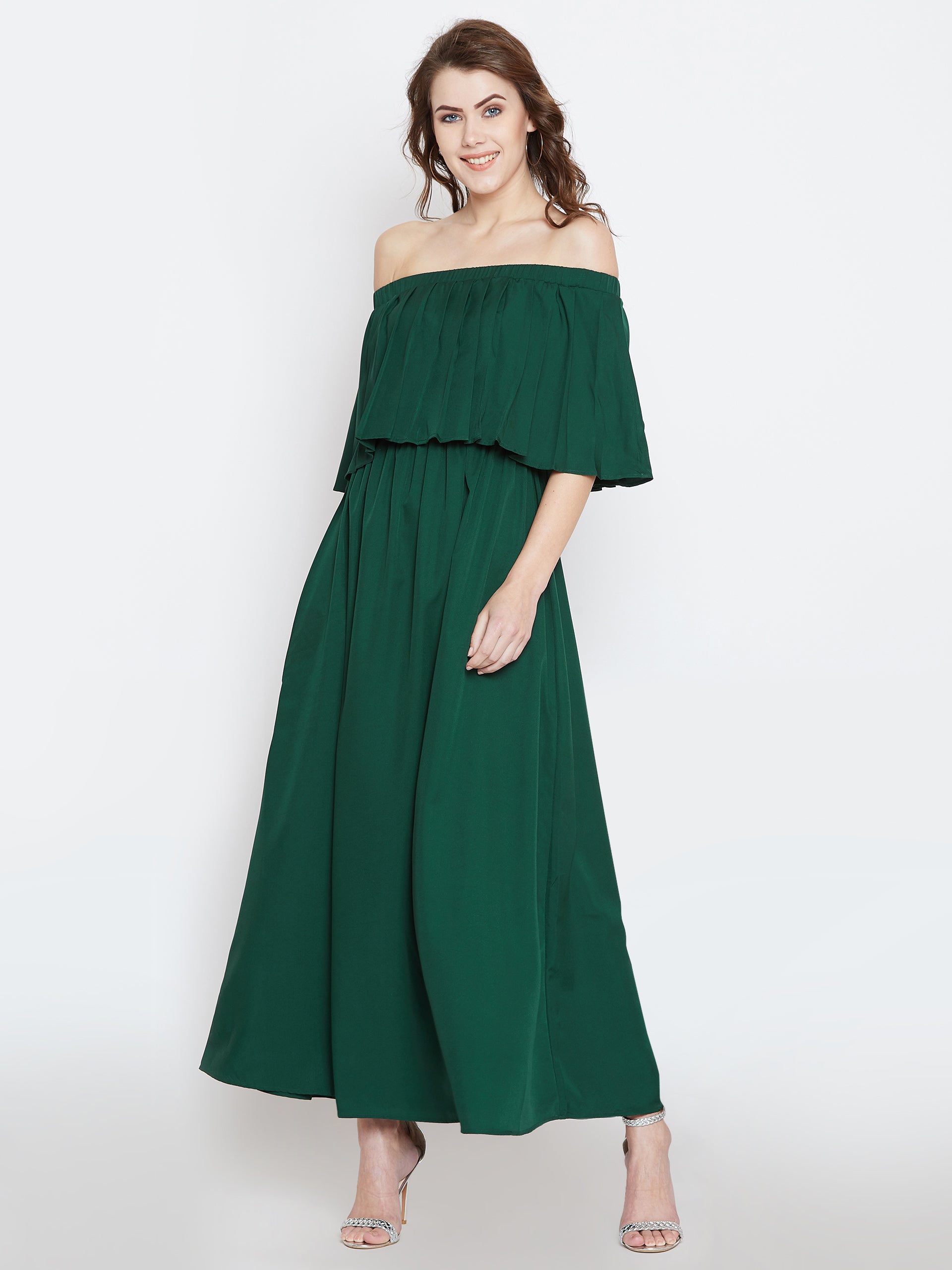 Berrylush Women Solid Green Off-Shoulder Neck Flared Sleeve Pleated Maxi Dress