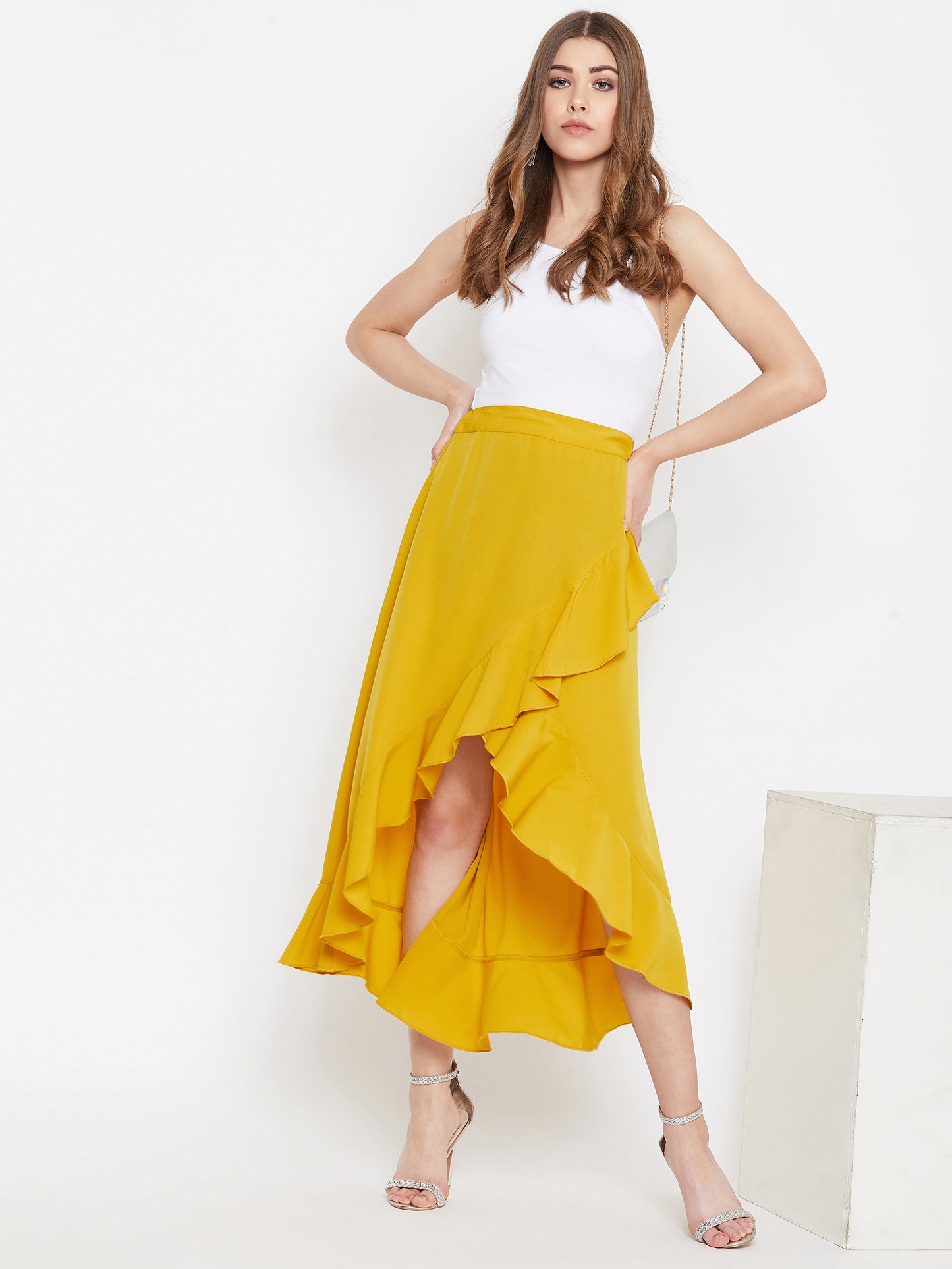 Berrylush Women Solid Yellow High-Low Ruffled Wrap Midi Skirt