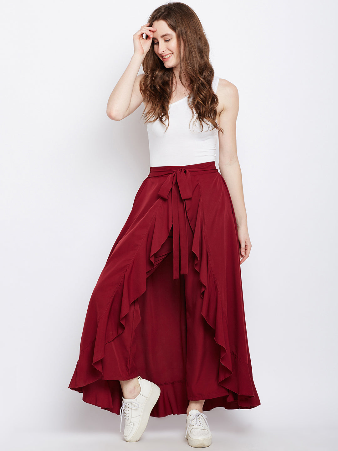 Maroon Solid  Ruffled Wrap Maxi Skirt with Attached Palazzo - Berrylush