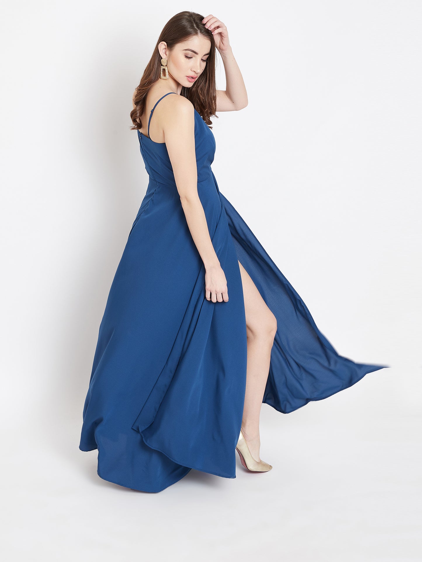 Berrylush Women Solid Blue V-Neck Sleeveless Crepe Thigh-High Slit A-Line Maxi Dress