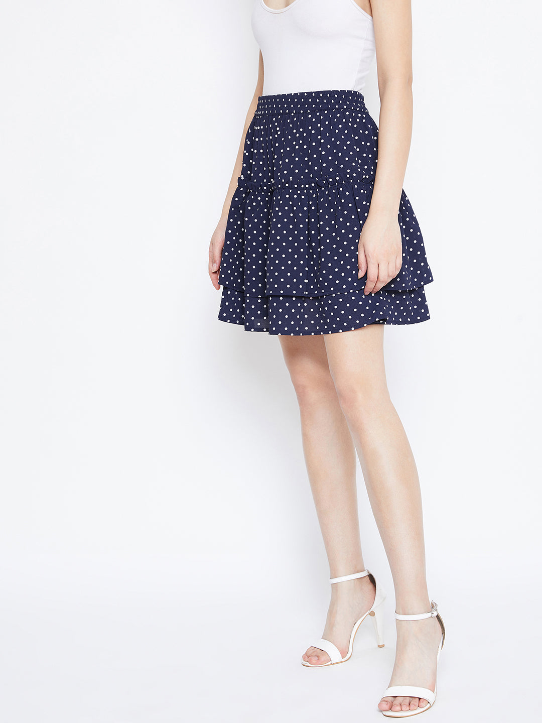 Berrylush Women Navy Blue Polka Dot Print Layered Slip-On Mini Skirt