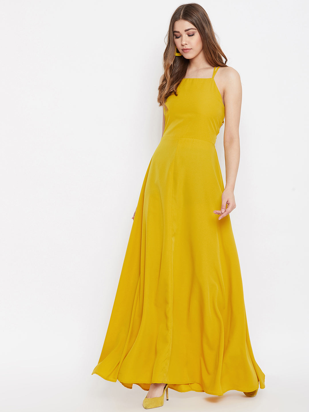 Berrylush Women Solid Mustard Yellow Halter Neck Caged Back Maxi Dress