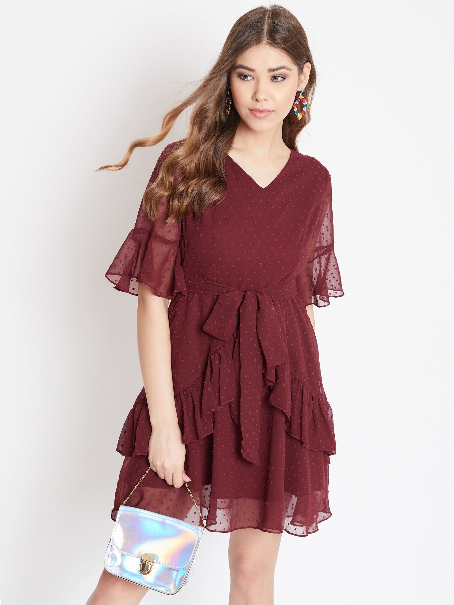 Casual Solid Round Neck Fit and Flare Dress Long Sleeve Burgundy