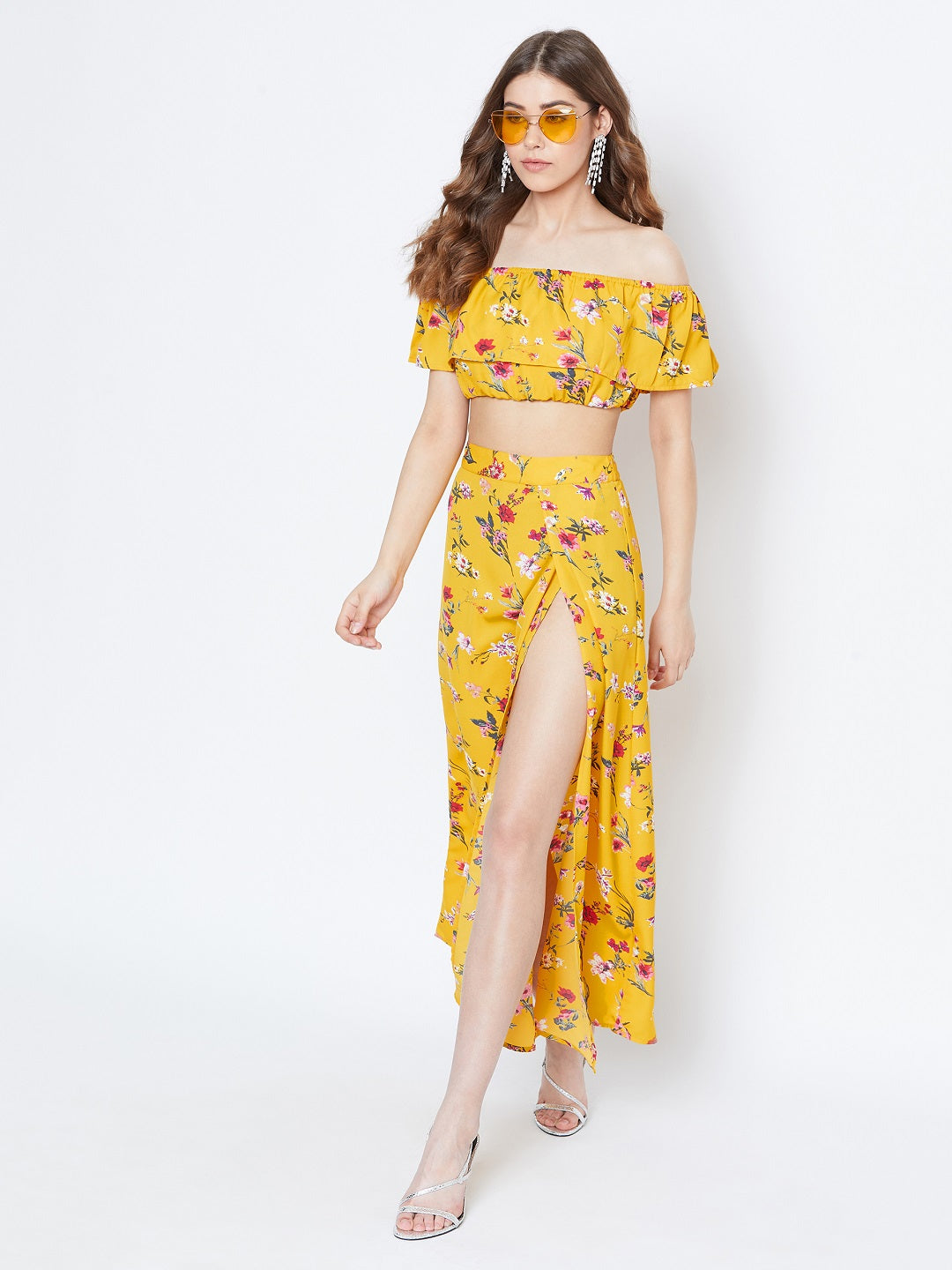 Berrylush Women Yellow Floral Printed Off-Shoulder Co-Ordinate Maxi Dress