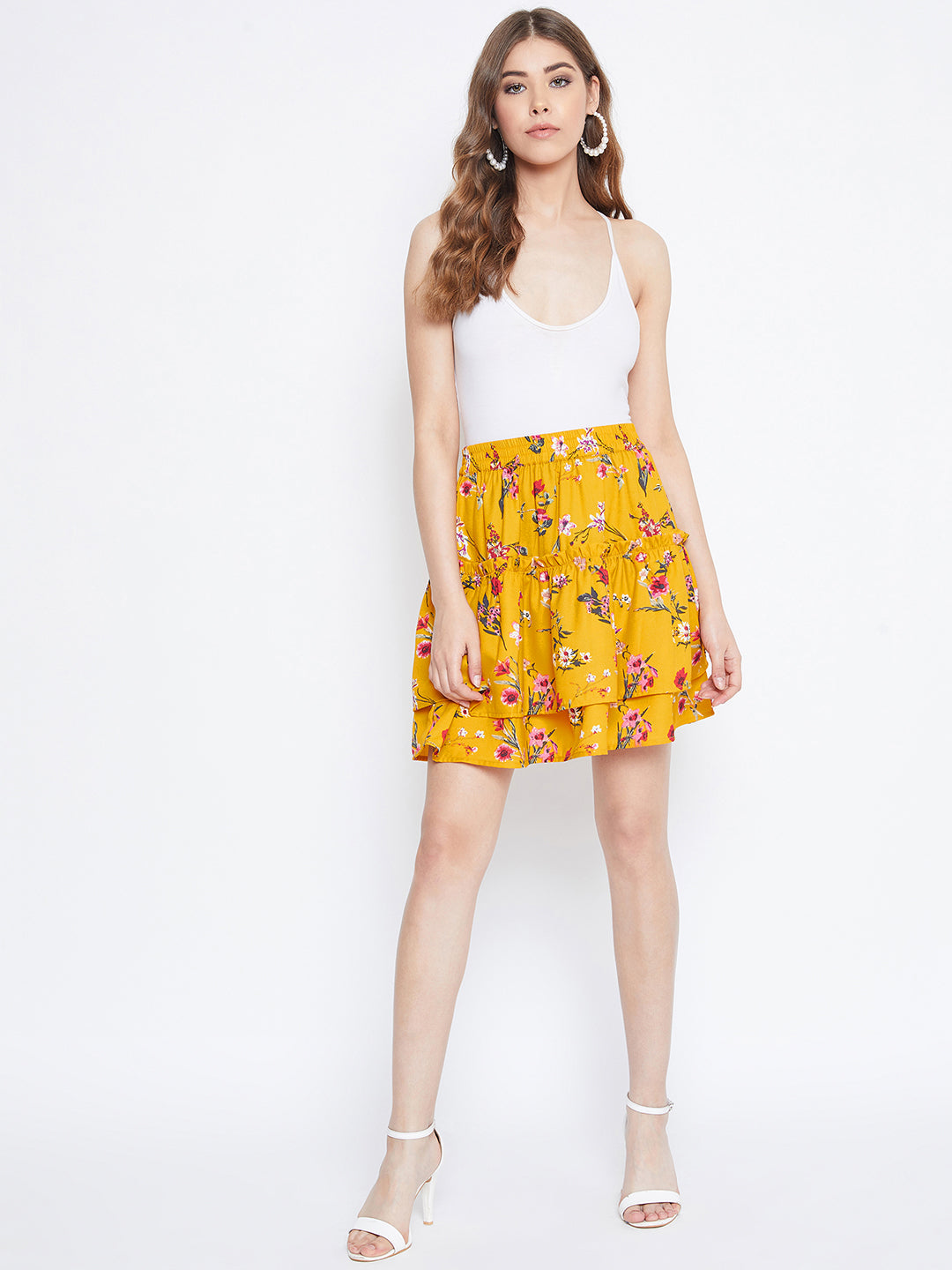 Berrylush Women Yellow Floral Print Layered Slip-On Mini Skirt