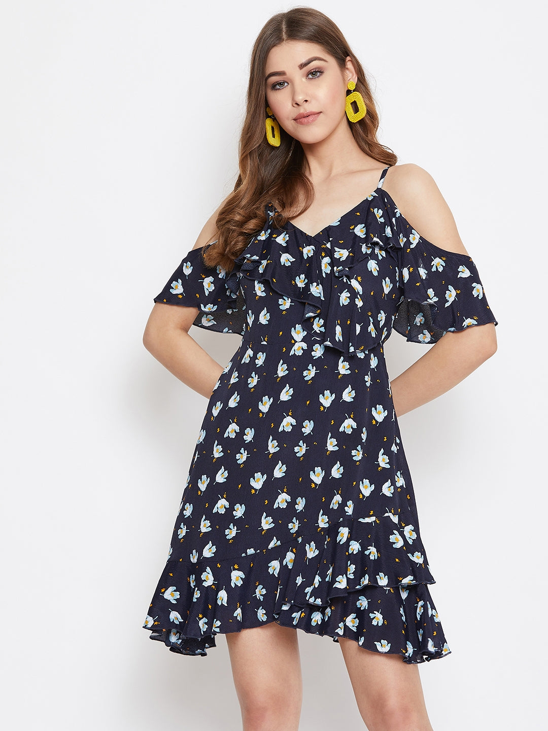 Berrylush Women Navy Blue & Beige Floral Printed V-Neck Ruffled Fit & Flare Mini Dress