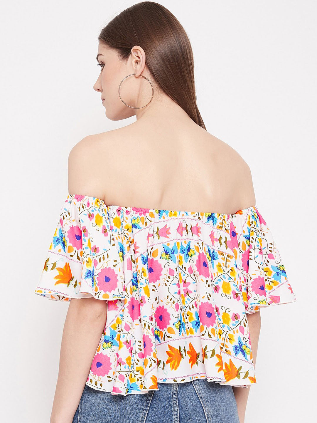 Berrylush Women White Floral Print Off-The-Shoulder Crop Top