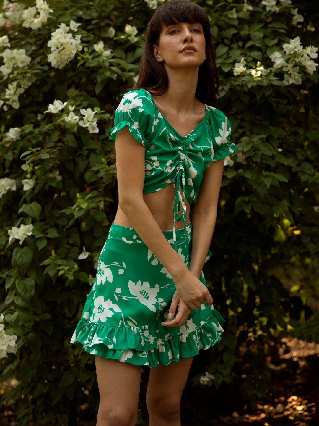 Berrylush Women Green Floral Printed V-Neck Fit & Flare Co-Ordinate Mini Dress