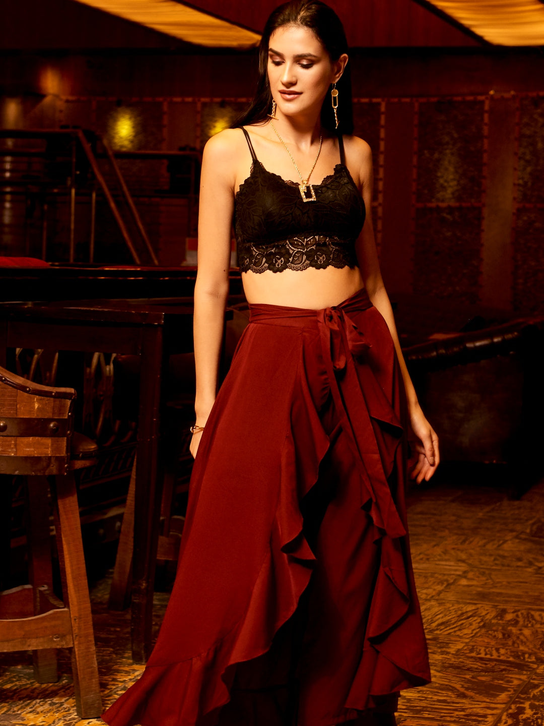 Berrylush Women Solid Maroon Waist Tie-Up Ruffled Maxi Skirt with Attached Trousers