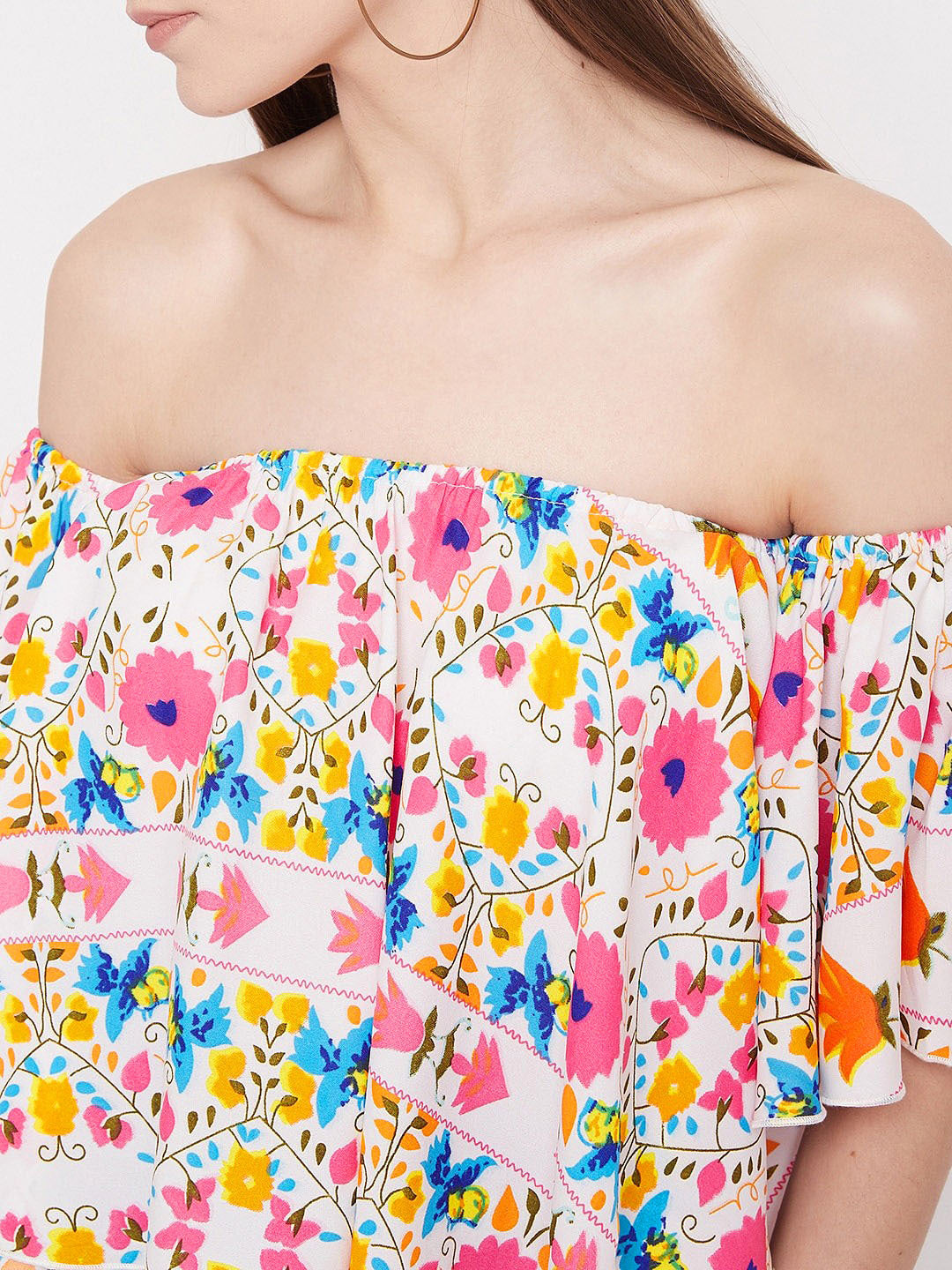 Berrylush Women White Floral Print Off-The-Shoulder Crop Top