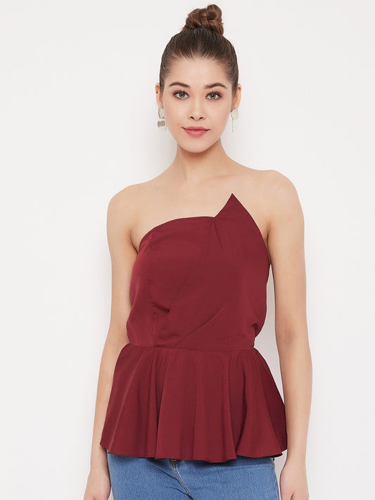 Berrylush Women Solid Maroon Strapless Neck Sleeveless Crepe Peplum Top