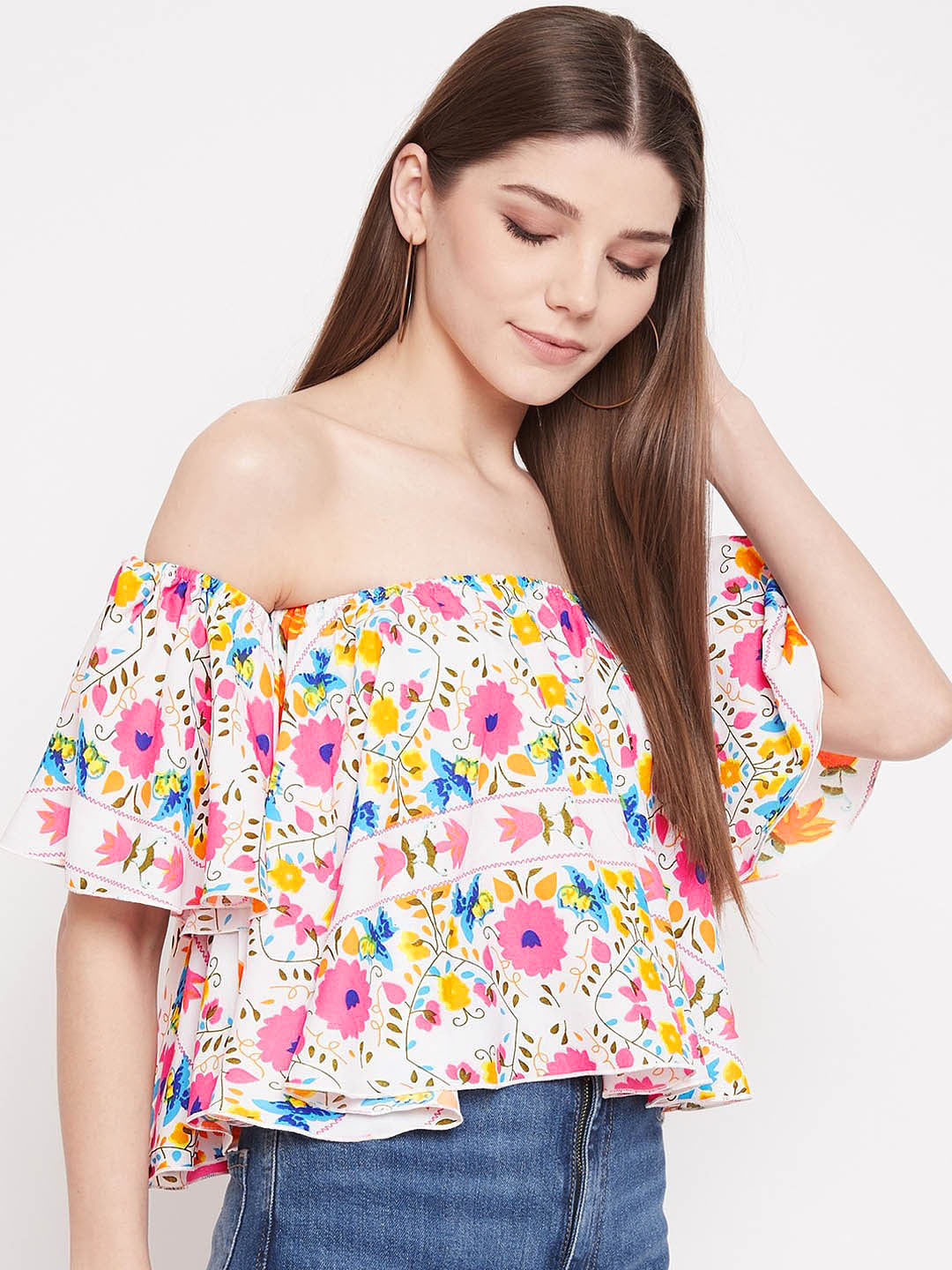 Berrylush Women White Floral Print Off-The-Shoulder Crop Top