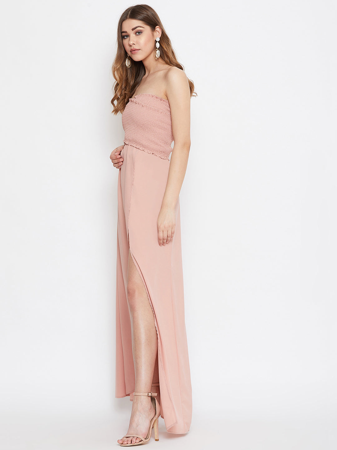 Berrylush Women Solid Pink Strapless-Neck Smocked Fit & Flare Maxi Dress