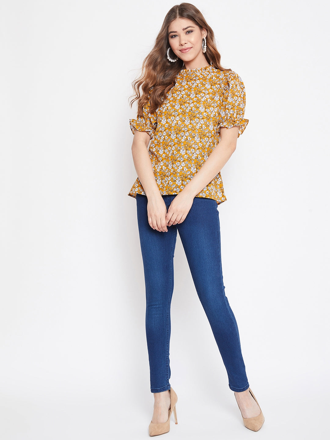 Berrylush Women Mustard Yellow & White Floral Printed Mandarin Collar Pleated Top