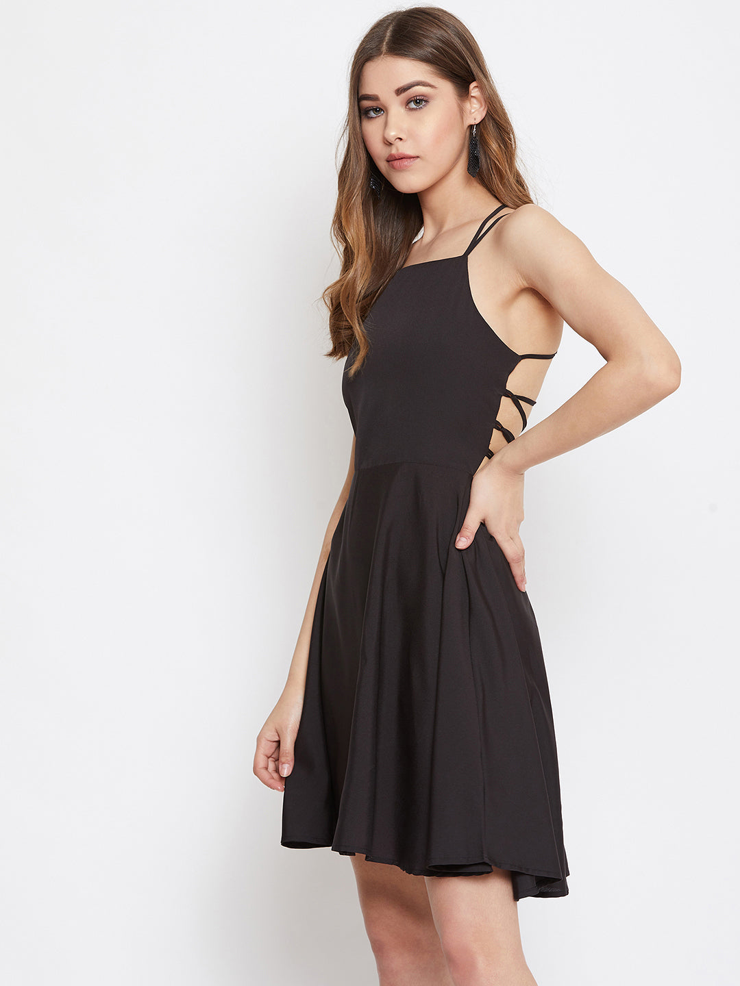 Berrylush Women Solid Black Caged Back Tie-Up Fit & Flare Mini Dress