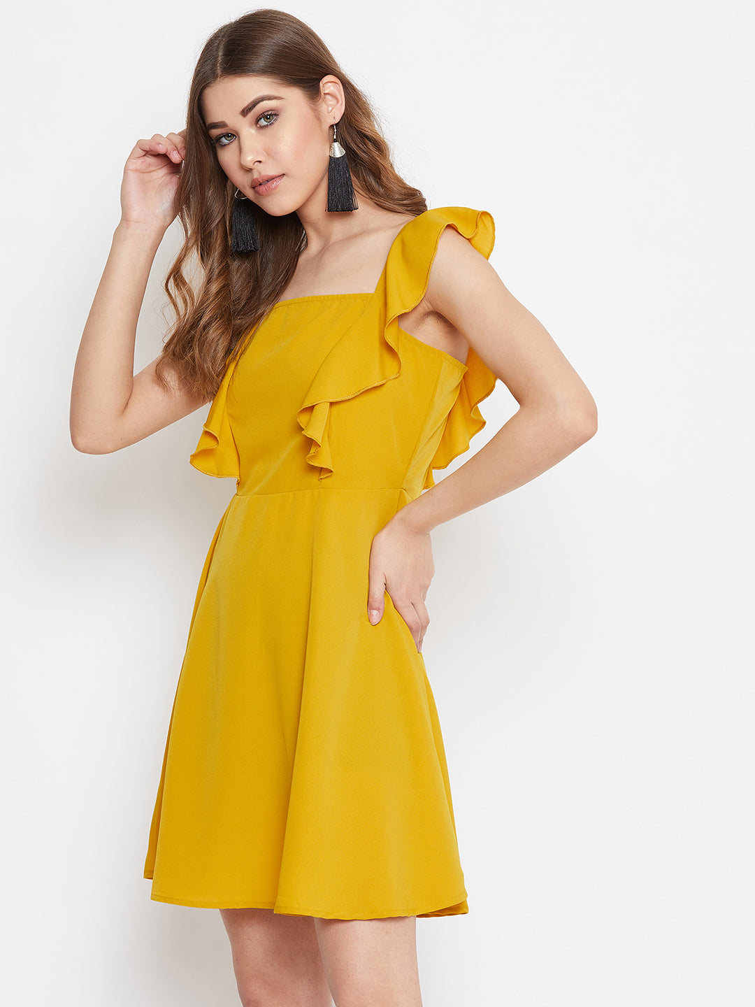 Women Solid Mustard Yellow Sleeveless Ruffled Fit & Flare Mini Dress - Berrylush Women Solid Mustard Yellow Sleeveless Ruffled Fit & Flare Mini Dress - Berrylush
