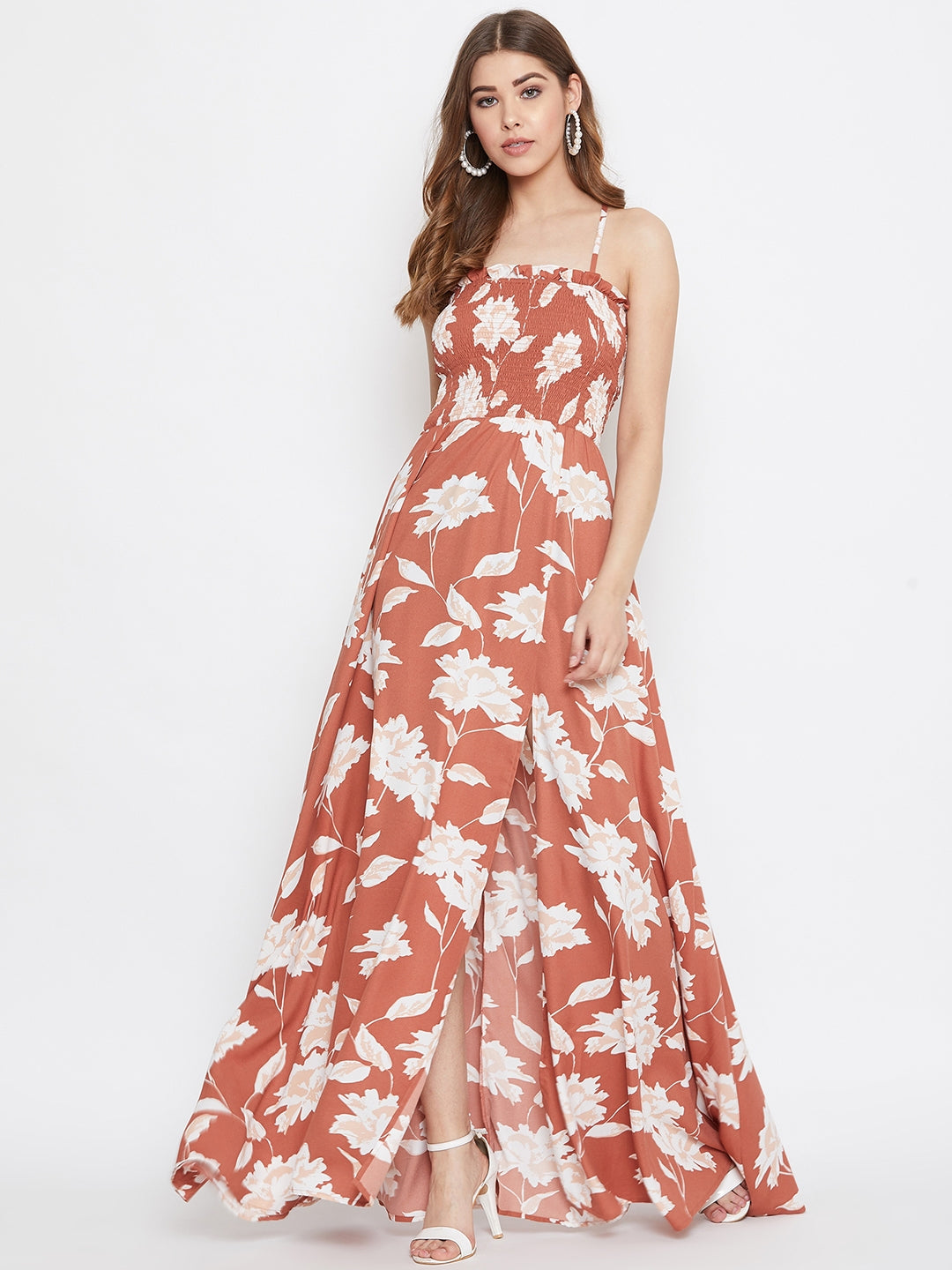 Berrylush Women Brown Floral Print Shoulder Strap Smocked Maxi Dress