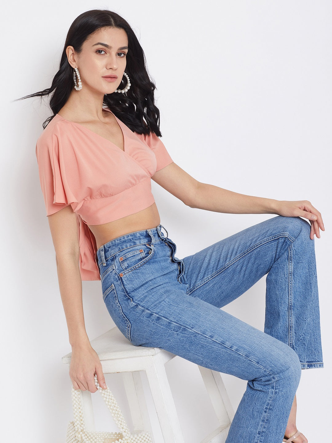 Berrylush Women Solid Pink V-Neck Cropped Wrap Top