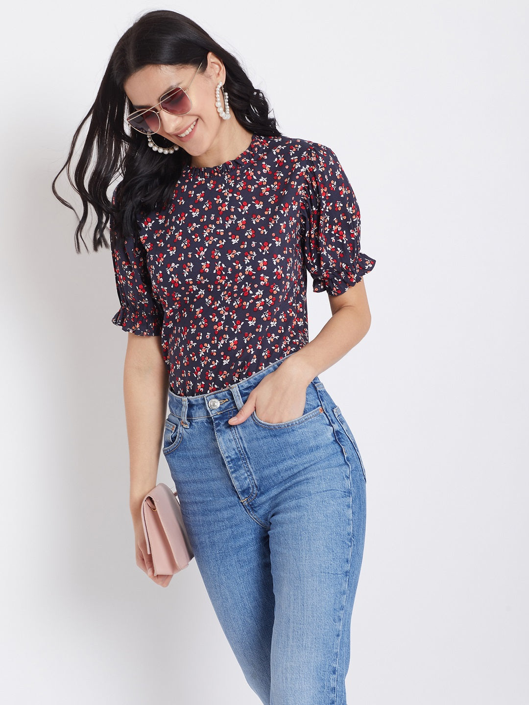 Berrylush Women Navy Blue Floral Printed Round Neck Top