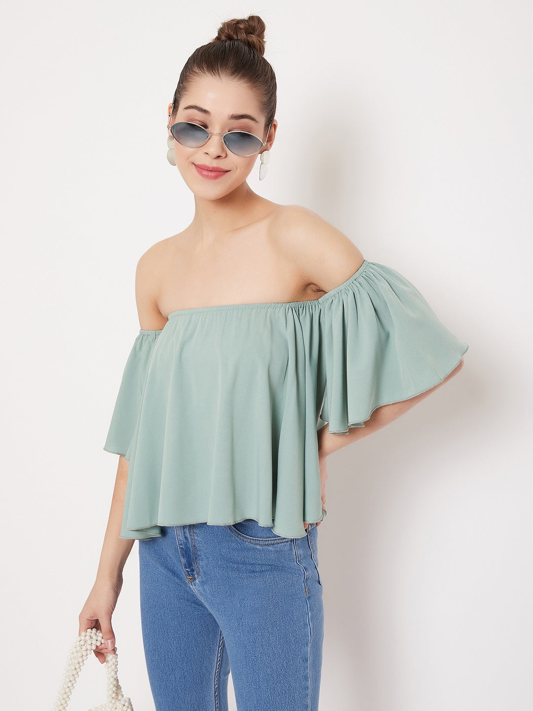 Berrylush Women Solid Green Off Shoulder Strapless Bardot Top