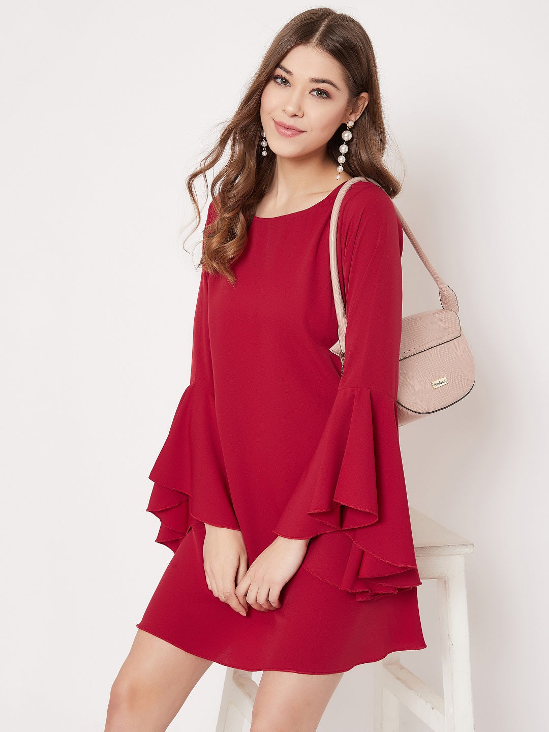 Berrylush Women Solid Red Flared Sleeves A-Line Mini Dress