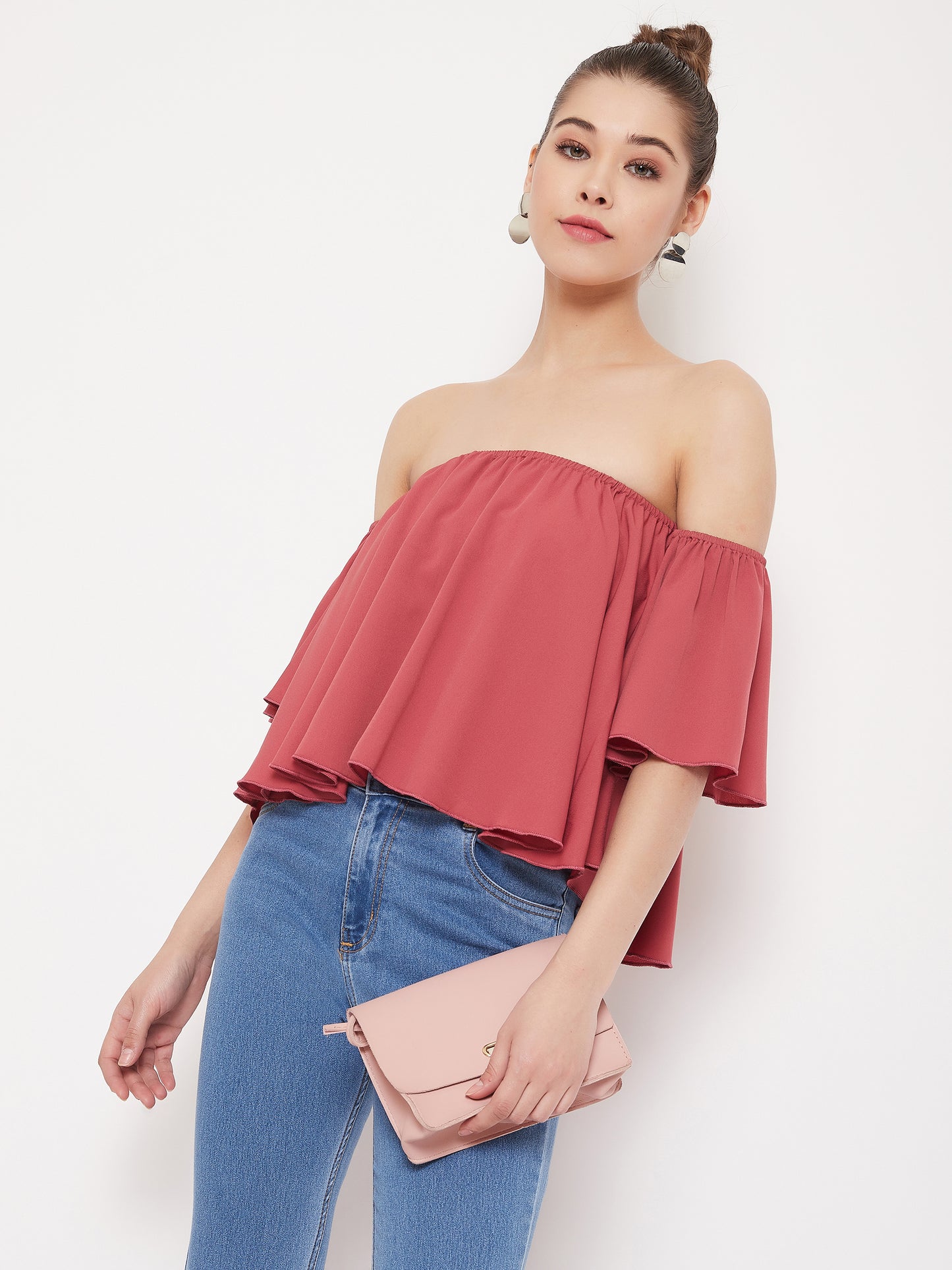 Berrylush Women Solid Rose Pink Off-Shoulder Neck Ruffled Crop Bardot Top