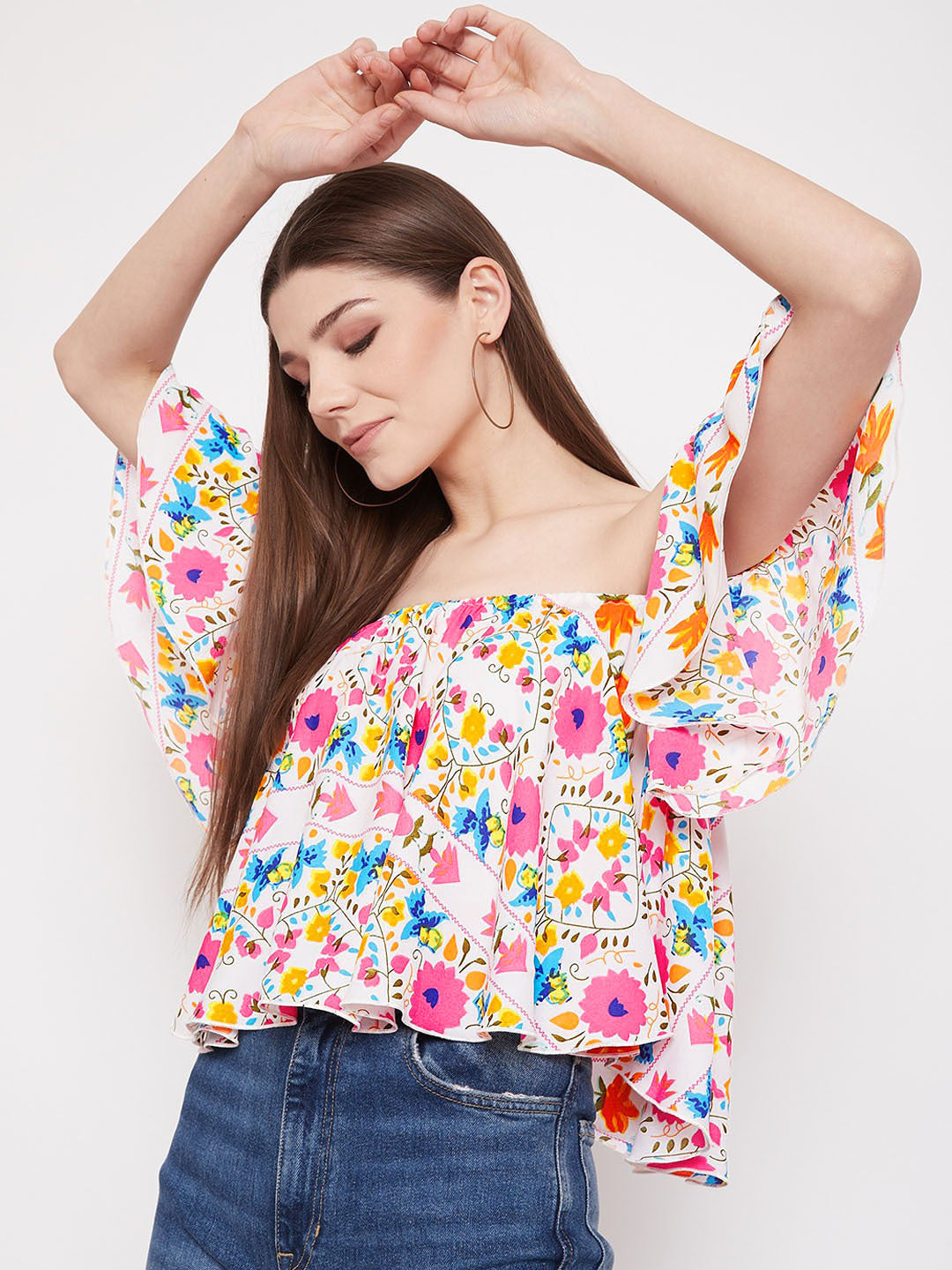 Berrylush Women White Floral Print Off-The-Shoulder Crop Top