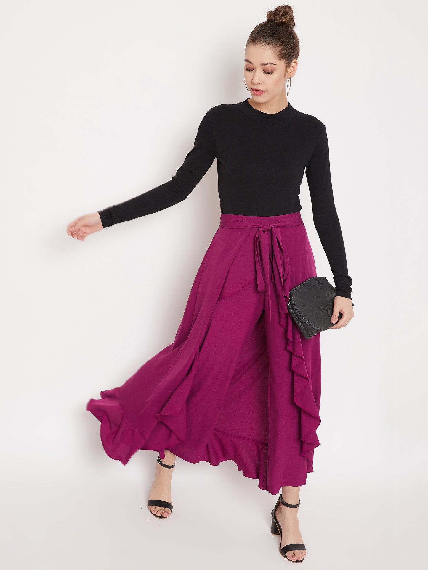 Berrylush Women Solid Purple Waist Tie-Up Ruffled Maxi Skirt With Attached Trousers
