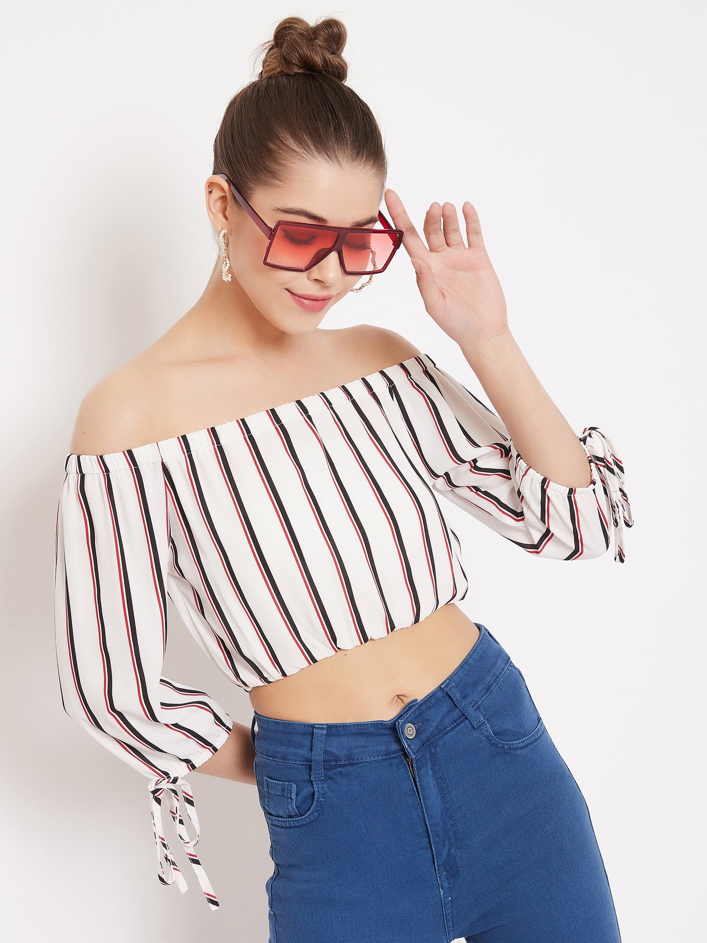 Berrylush Women White & Black Stripe Printed Off-Shoulder Neck Tie-Up Cropped Bardot Top