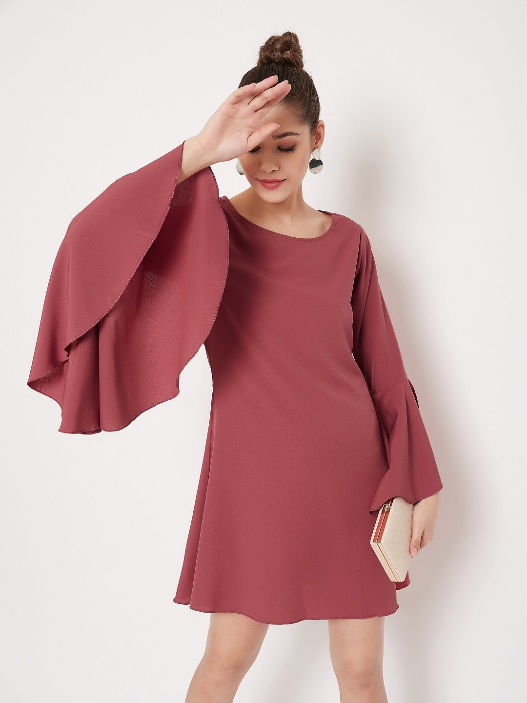 Berrylush Women Solid Dark Pink Round Neck Bell Sleeves Crepe Flared A-Line Mini Dress