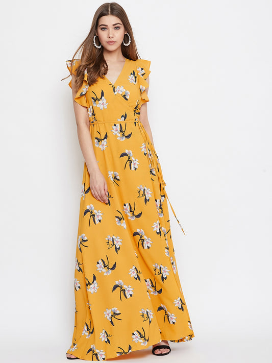 Berrylush Women Yellow Floral Printed V-Neck Thigh-High Slit Flared Wrap Maxi Dress