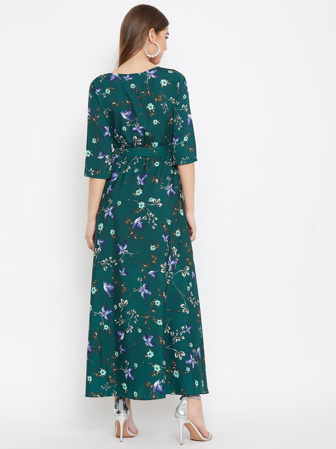 Berrylush Women Green Floral Printed V-Neck A-Line Maxi Dress