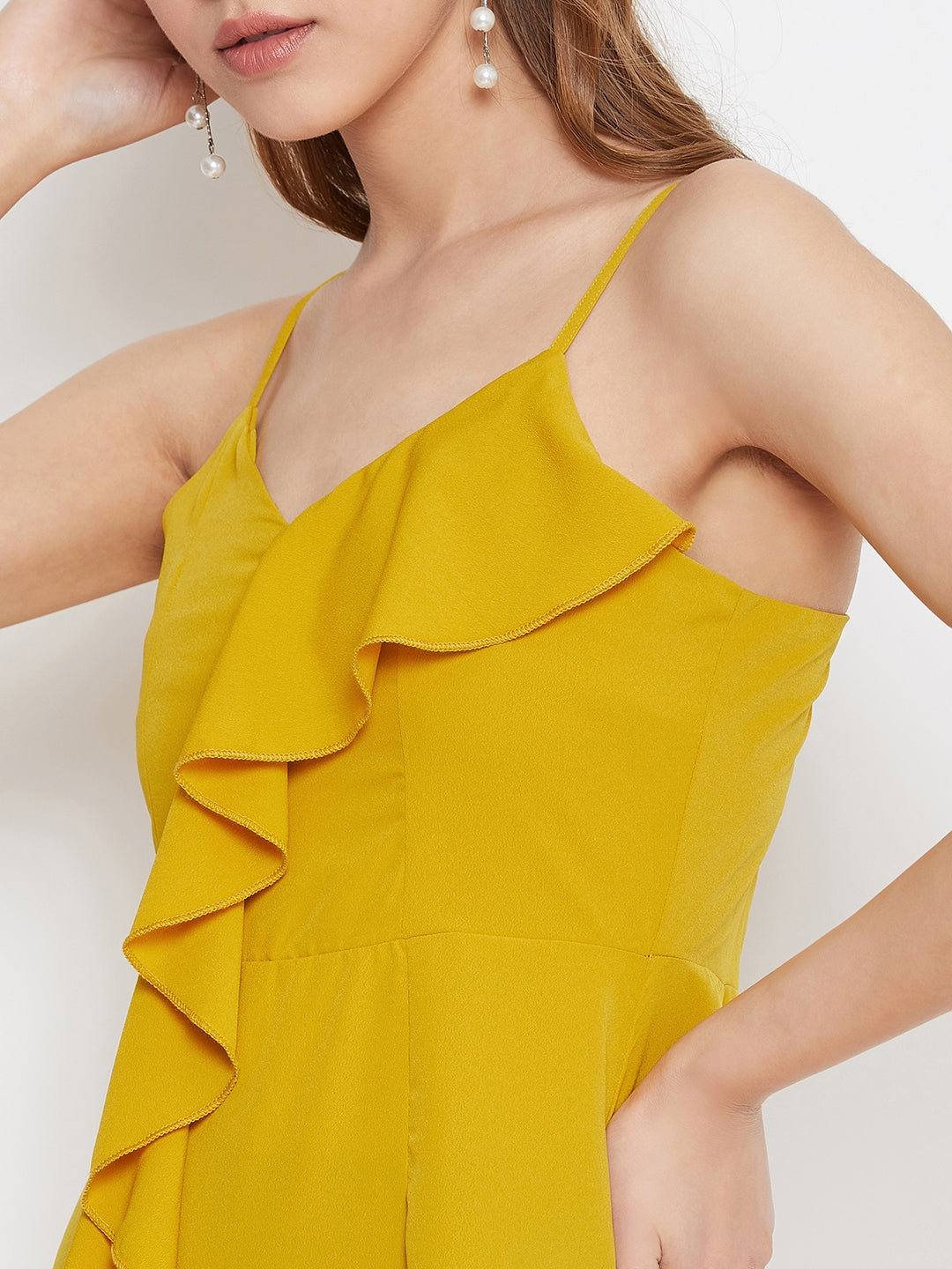 Berrylush Women Solid Yellow Front Frill V-Neck Thigh-High Slit Maxi Dress