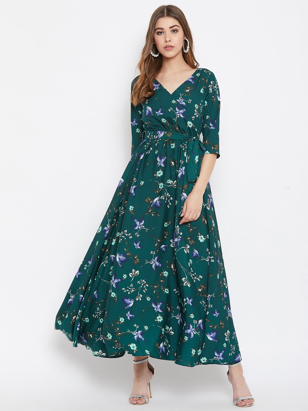 Women Green Floral Printed V-Neck A-Line Maxi Dress - Berrylush