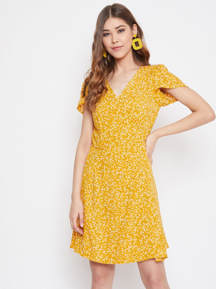 Women Yellow Floral Printed A-Line Wrap Mini Dress - Berrylush