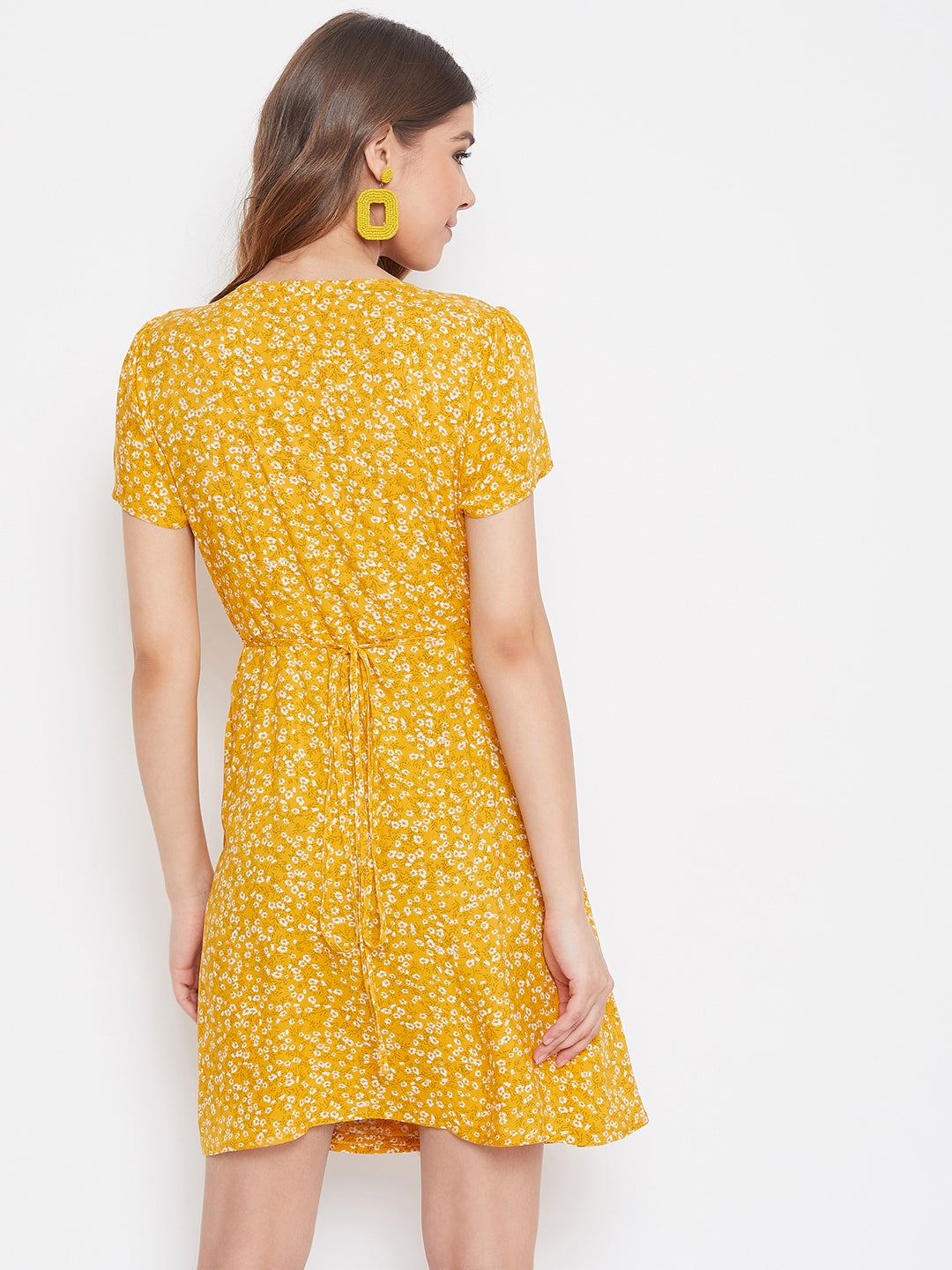 Berrylush Women Yellow Floral Printed A-Line Wrap Mini Dress