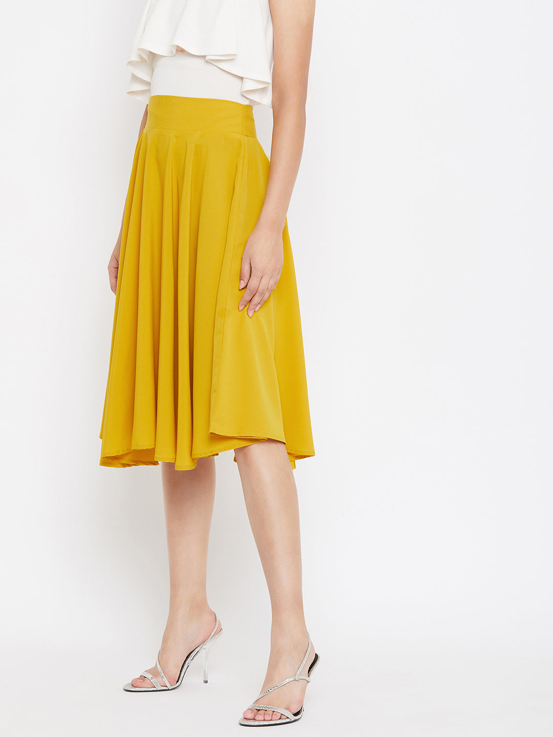 Women Solid Yellow High-Rise Flared Midi Skirt - Berrylush
