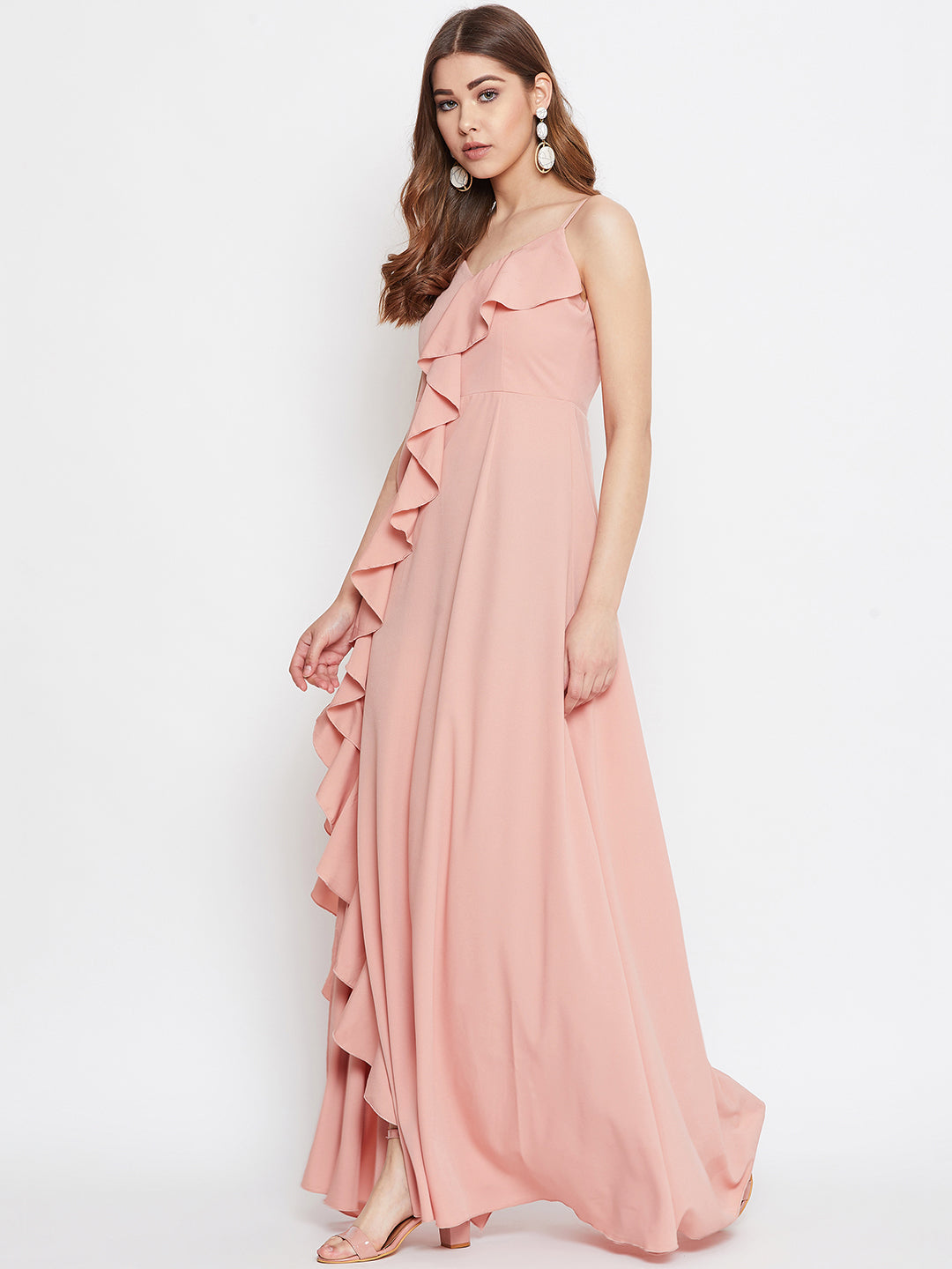 Berrylush Women Solid Pink V-Neck Front-Slit Ruffled Maxi Dress