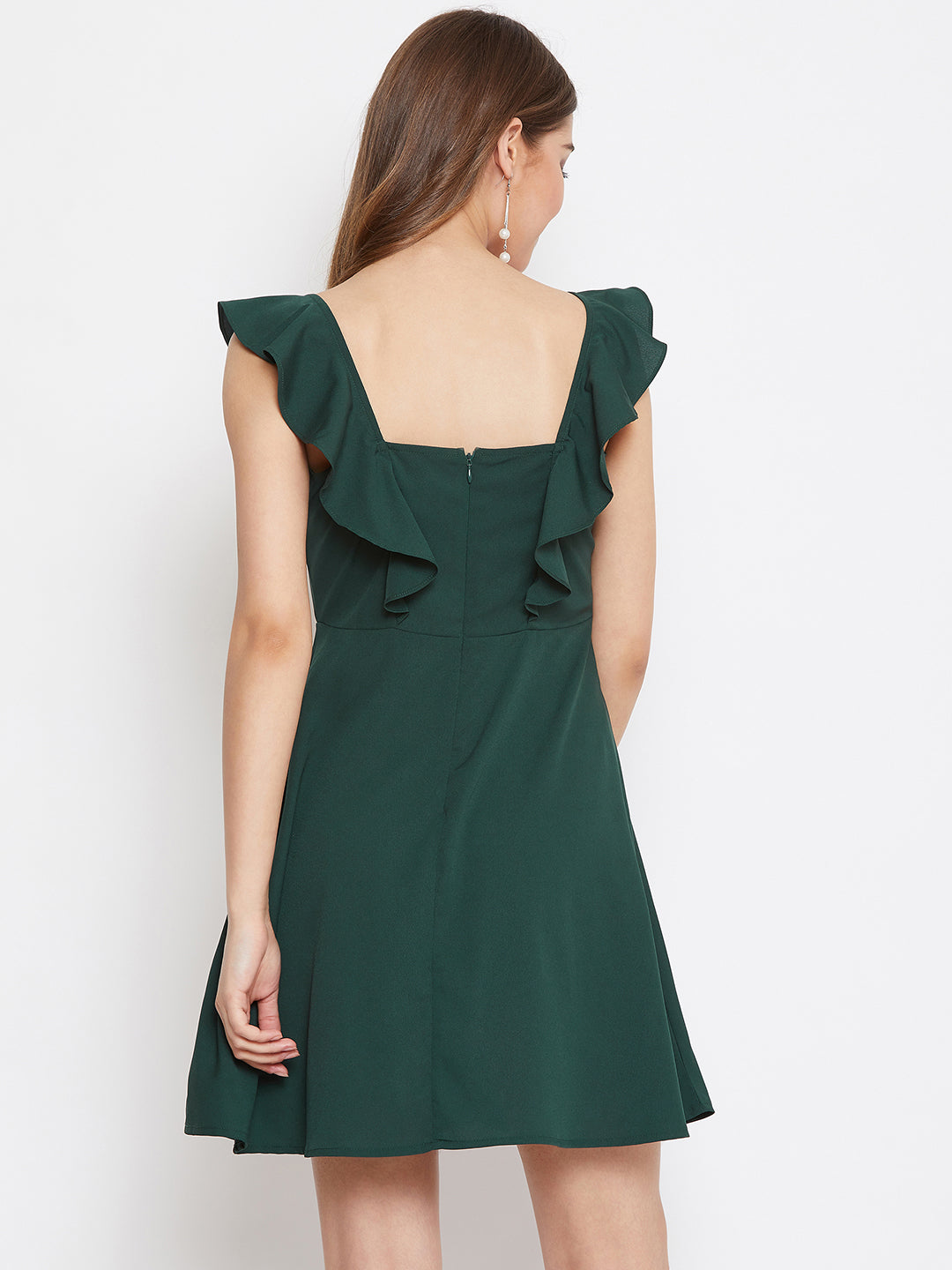 Berrylush Women Solid Green Sleeveless Ruffled Fit & Flare Mini Dress