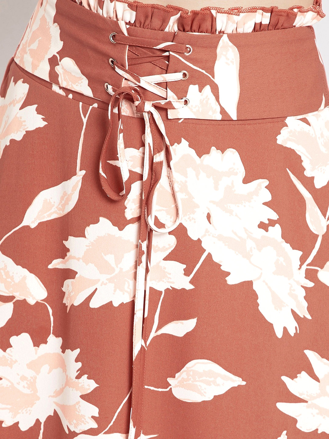Berrylush Women Brown & White Floral Printed Corset Paperbag Straight A-Line Midi Skirt