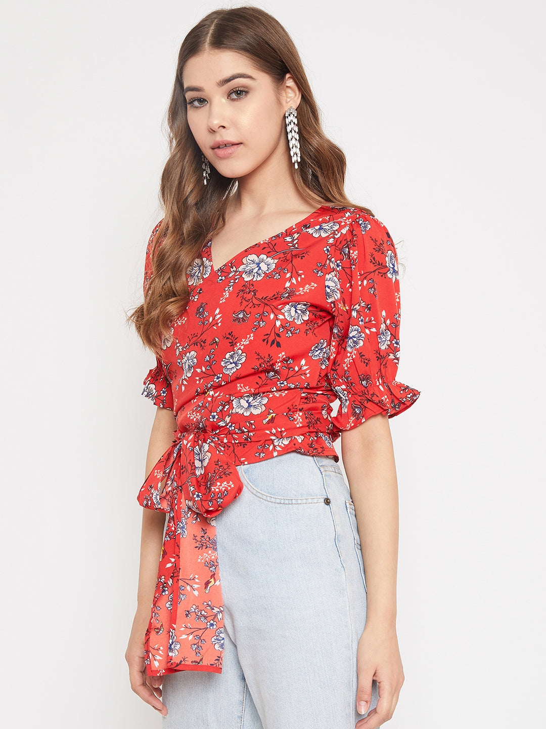 Berrylush Women Red & White Floral Printed V-Neck Tie-Up Knot Wrap Top