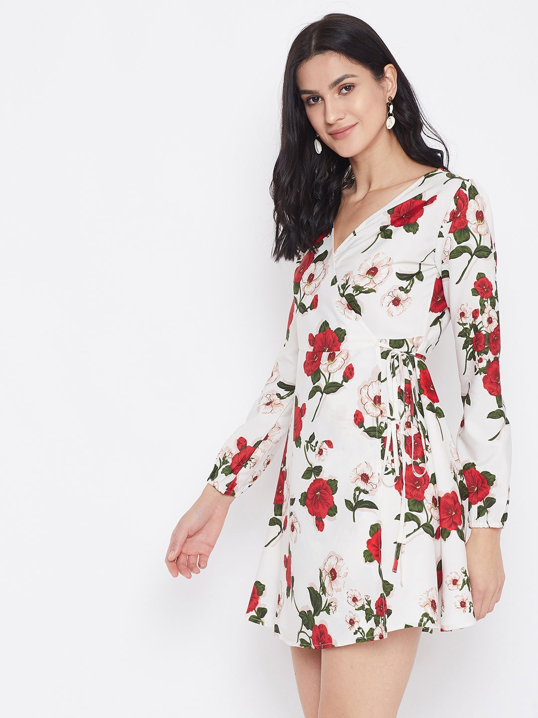 Women White & Red Floral Printed A-Line Wrap Mini Dress - Berrylush Women White & Red Floral Printed A-Line Wrap Mini Dress - Berrylush