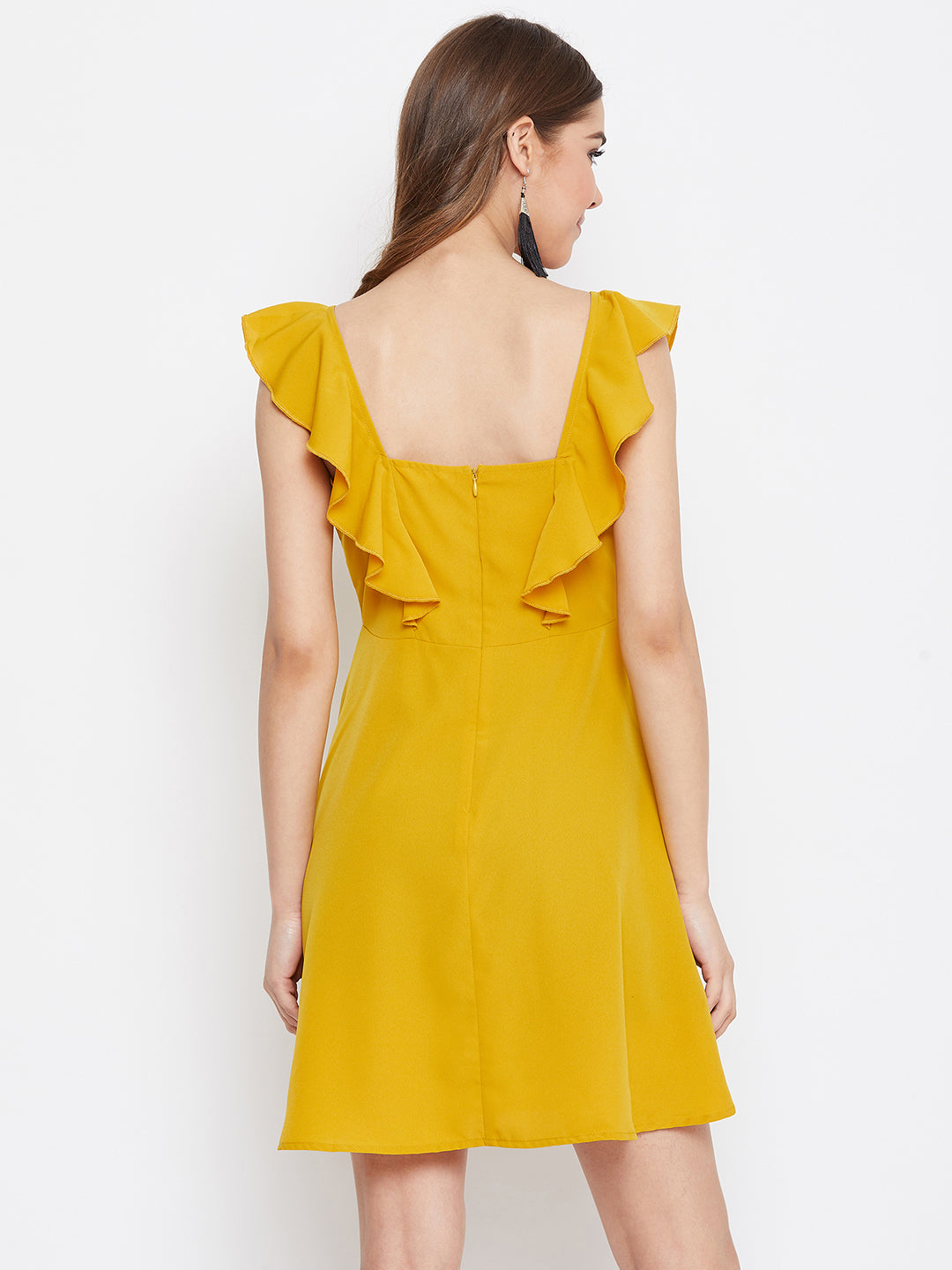 Berrylush Women Solid Mustard Yellow Sleeveless Ruffled Fit & Flare Mini Dress