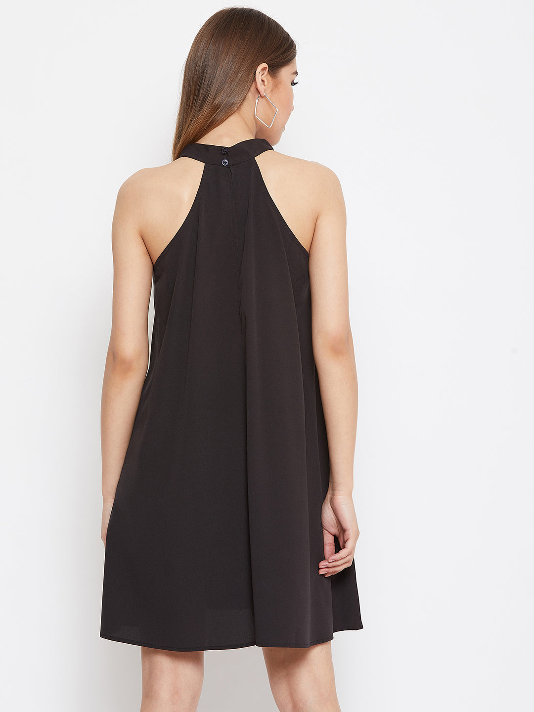 Berrylush Women Solid Black Halter Neck A-Line Mini Dress